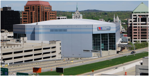 The Times-Union Center & Albany Capital Center are connected by a pedestrian walking bridge